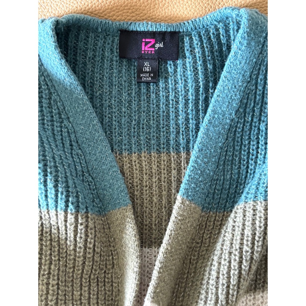IZ Byer Girl Multicolor Striped Open Front Cardigan Sweater Shaker Knit XL 16 - Picture 4 of 5
